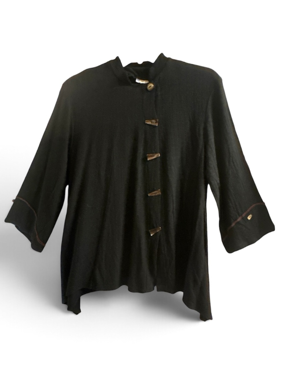Black Mandarin-Collar Button Jacket with unique buttons